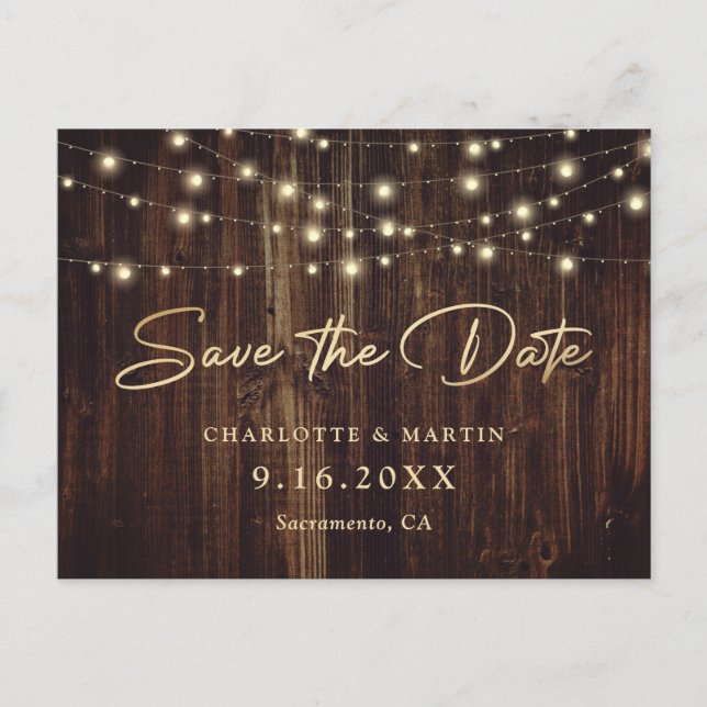 Rustic Wood Gold String Lights Script  Announcement Postcard (Front)