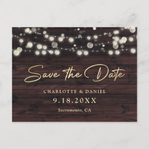 Rustic Wood Gold String Lights Script Wedding Announcement Postcard