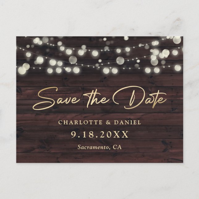 Rustic Wood Gold String Lights Script Wedding Announcement Postcard (Front)