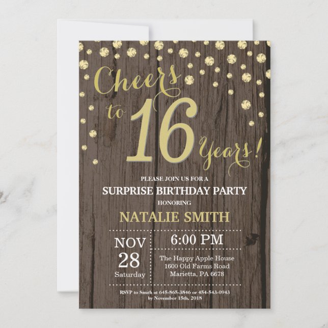 Rustic Wood Gold Surprise 16th Birthday Diamond Invitation (Front)