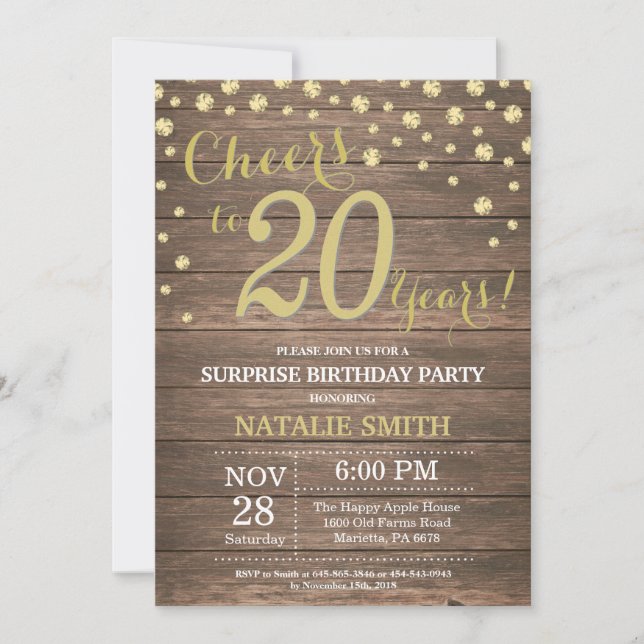 Rustic Wood Gold Surprise 20th Birthday Diamond Invitation (Front)