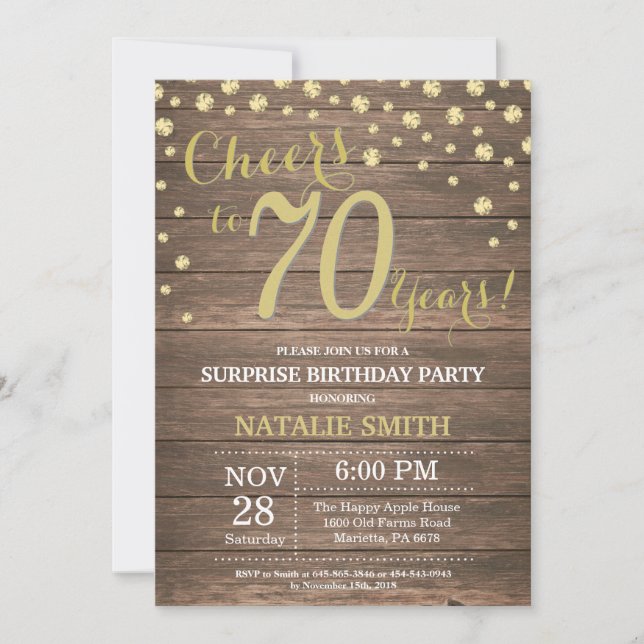 Rustic Wood Gold Surprise 70th Birthday Diamond Invitation (Front)