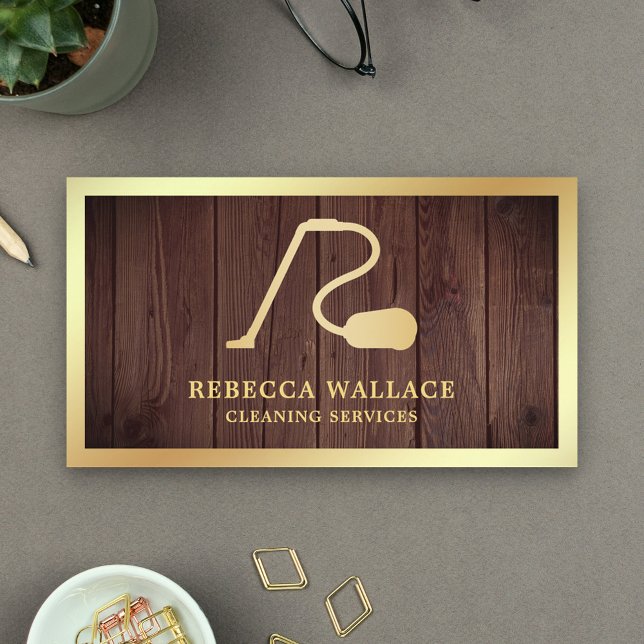 Rustic Wood Gold Vacuum Cleaner Cleaning Services Business Card (Creator Uploaded)