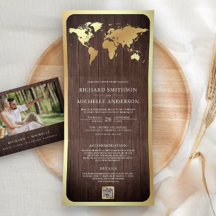 Rustic Wood Gold World Map QR Code Photo Wedding Tri-Fold Invitation