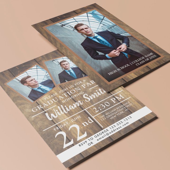 Rustic Wood Graduation Party With 3 Photos Invitat Invitation (Creator Uploaded)