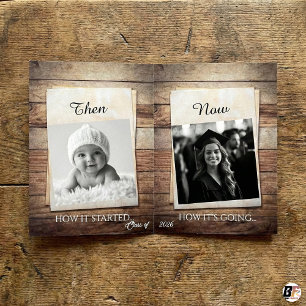 Rustic Wood Graduation Then and Now Photo Card