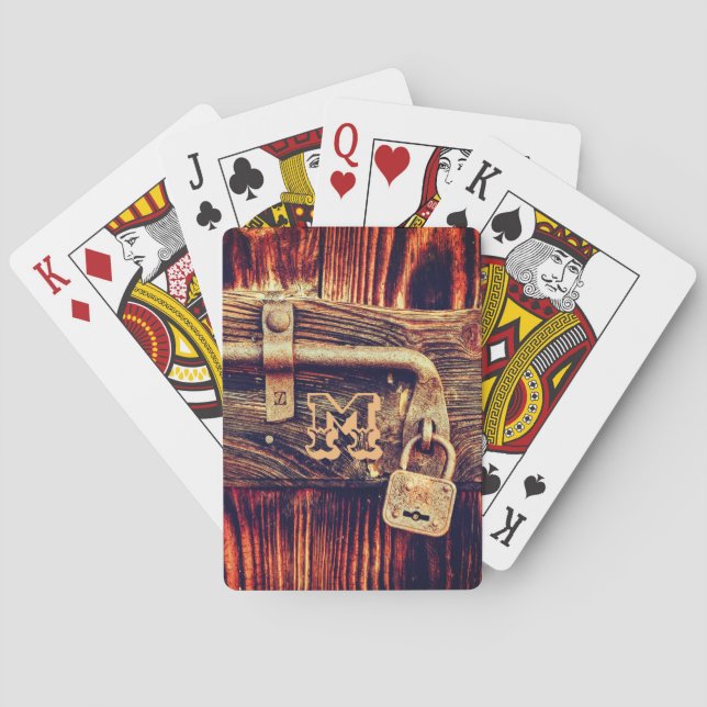 Rustic wood grain antique brass lock playing cards (Back)