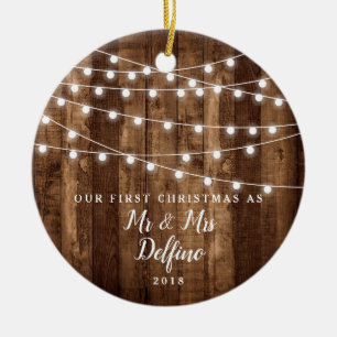 Rustic Wood Grain Fairy Lights Newlywed Mr & Mrs Ceramic Tree Decoration