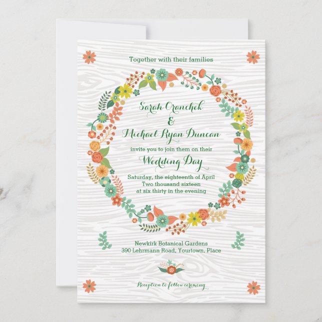 Rustic Wood Grain Floral Wreath Wedding Invitation (Front)