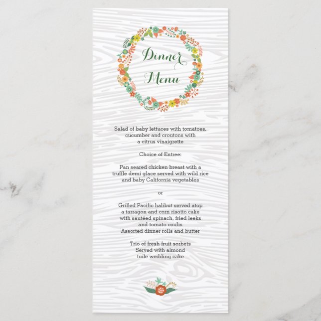 Rustic Wood Grain Floral Wreath Wedding Menu (Front)