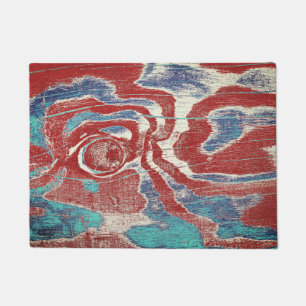 Rustic Wood Grain Knot Texture in Red Blue White Doormat
