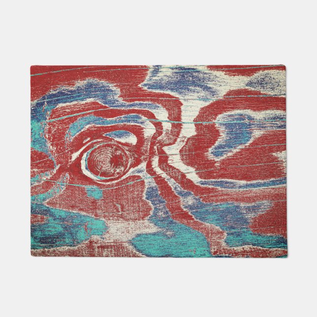 Rustic Wood Grain Knot Texture in Red Blue White Doormat (Front)
