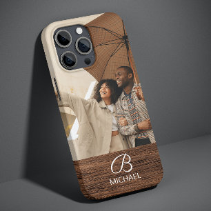 Rustic Wood Grain Monogram Photo Name iPhone 13 Case
