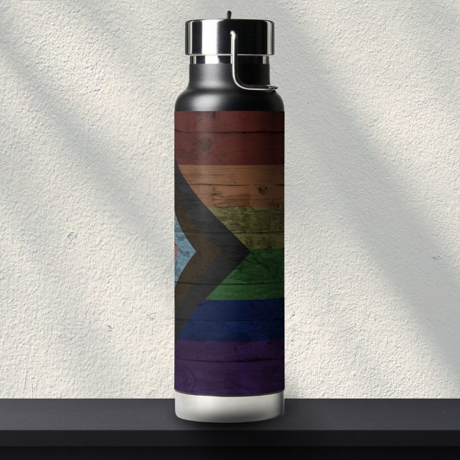 Rustic Wood Grain Progress Pride Flag Rainbow Water Bottle (Creator Uploaded)