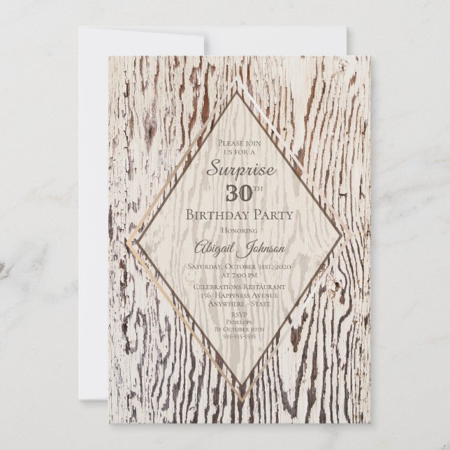 Rustic Wood Grain Surprise 30th Birthday Party Invitation (Front)