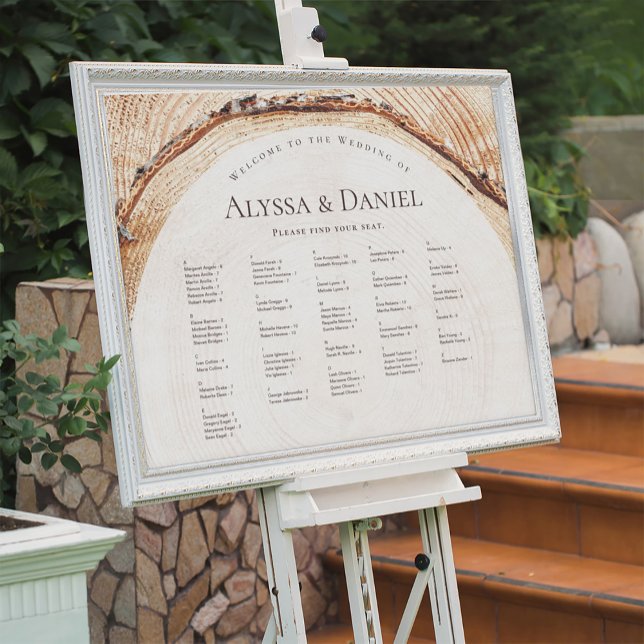 Rustic Wood Grain Tree ring Wedding Seating Chart (Rustic Wood Cut slice theme Wedding seating chart sign, framed on easel.)