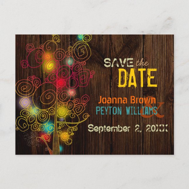Rustic Wood Grain Trees Fall Wedding Save the Date Announcement Postcard (Front)