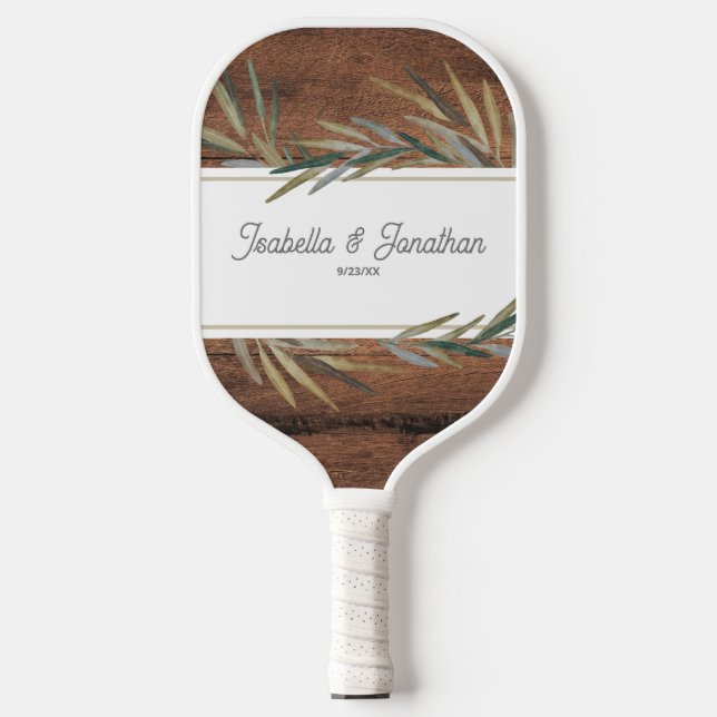 Rustic Wood Grain Wedding Couple Name Date Custom Pickleball Paddle (Front)
