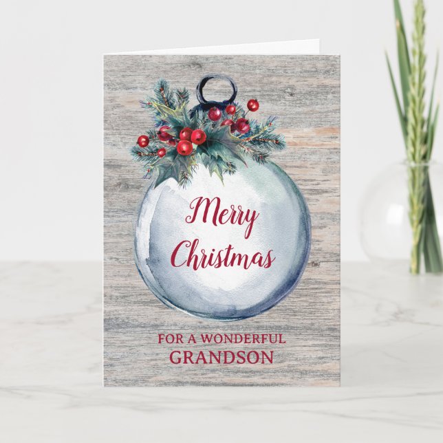 Rustic Wood Grandson Merry Christmas Card (Front)