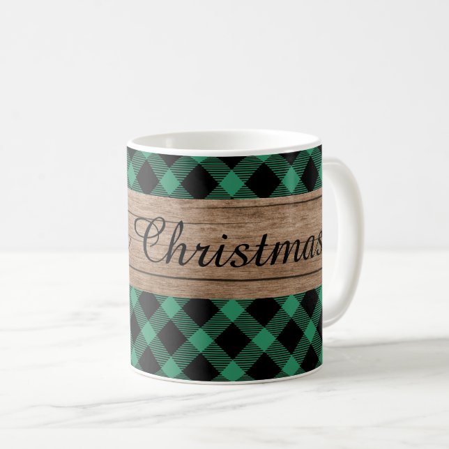 Rustic Wood Green Black Buffalo Plaid Christmas Coffee Mug (Front Right)