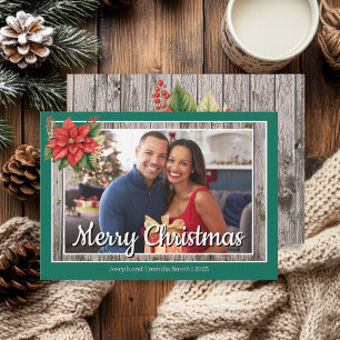 Rustic Wood Green Family Photo Merry Christmas Holiday Card
