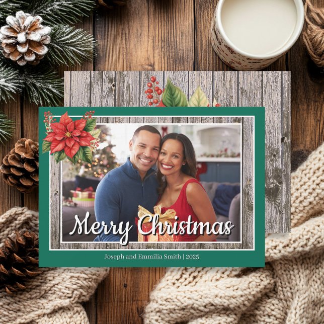 Rustic Wood Green Family Photo Merry Christmas Holiday Card (Emerald green and red poinsettia "Merry Christmas" photo greeting card
)