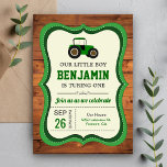 Rustic Wood Green Farm Tractor Kids Birthday Party Invitation<br><div class="desc">Amaze your guests with this cool tractor theme birthday party invite featuring a cute green farm tractor with modern typography on a rustic barn wood background. Simply add your event details on this easy-to-use template to make it a one-of-a-kind invitation. Flip the card over to reveal a beautiful green grass...</div>