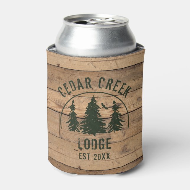 Rustic Wood Green Trees Cabin Lodge Personalised Can Cooler (Can Front)
