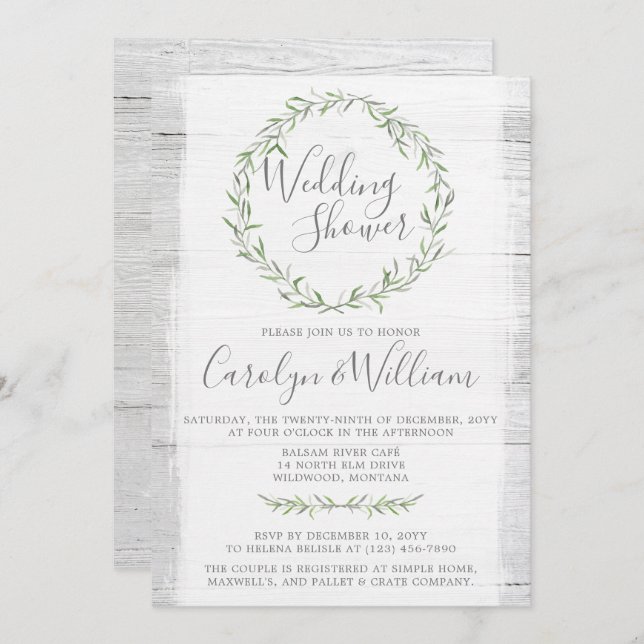 Rustic Wood Green Wreath Wedding Shower Invitation (Front/Back)