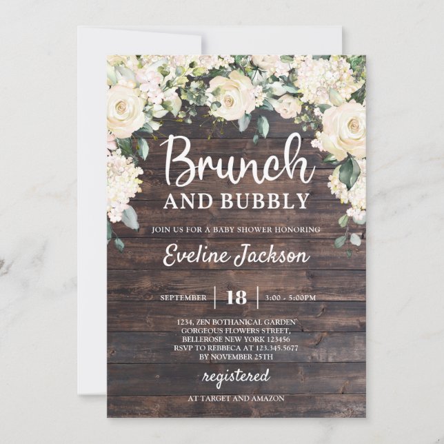 Rustic wood greenery boho floral brunch and bubbly invitation (Front)