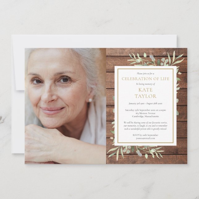 Rustic Wood Greenery Celebration of Life Photo Invitation (Front)