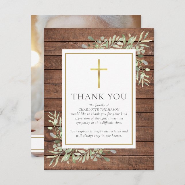 Rustic Wood Greenery Christian Photo Funeral Thank You Card (Front/Back)