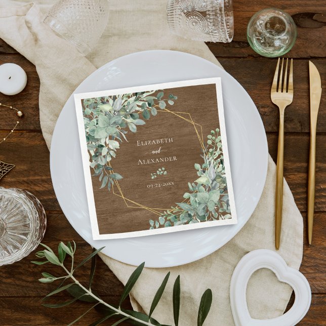 Rustic Wood Greenery Eucalyptus Geometric Wedding Napkin (Creator Uploaded)