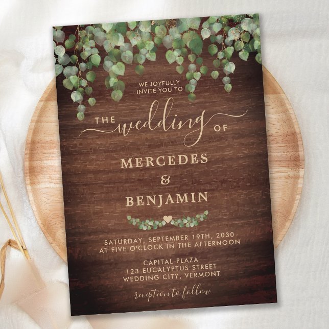 Rustic Wood Greenery Eucalyptus Gold Wedding Invitation (Creator Uploaded)