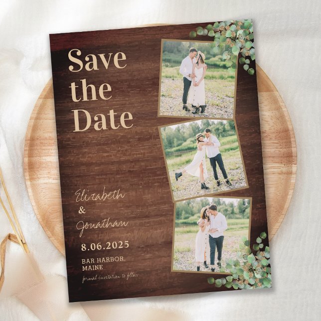 Rustic Wood Greenery Eucalyptus Photo Collage  Sav Announcement Postcard (Creator Uploaded)