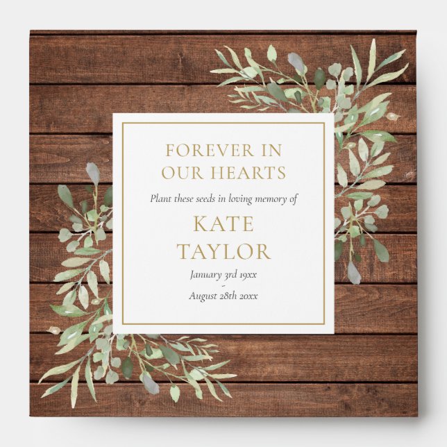 Rustic Wood Greenery Funeral Seed Packet Envelope (Front)
