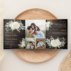 Rustic Wood Greenery Gold Ivory Floral Wedding Tri-Fold Invitation
