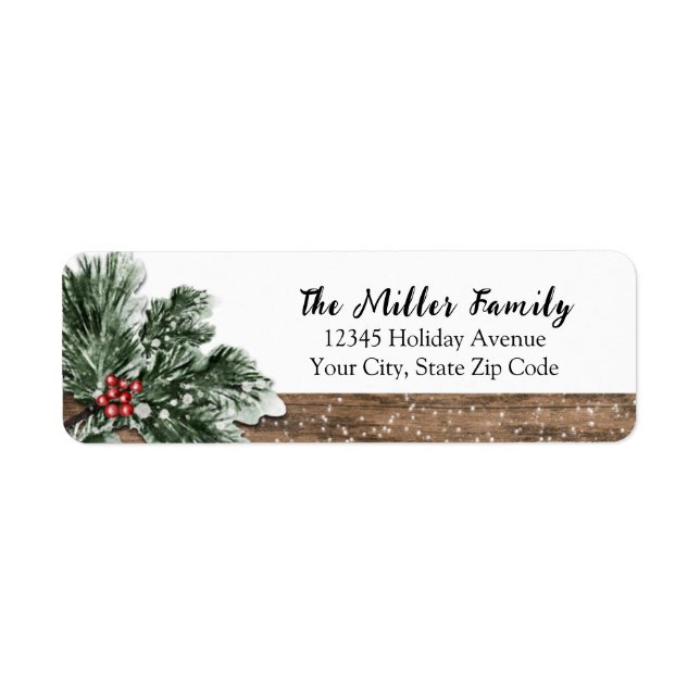 Rustic wood greenery holiday return address label (Front)