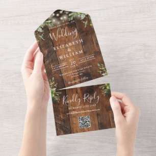 Rustic Wood Greenery Lights QR Code Wedding All In One Invitation