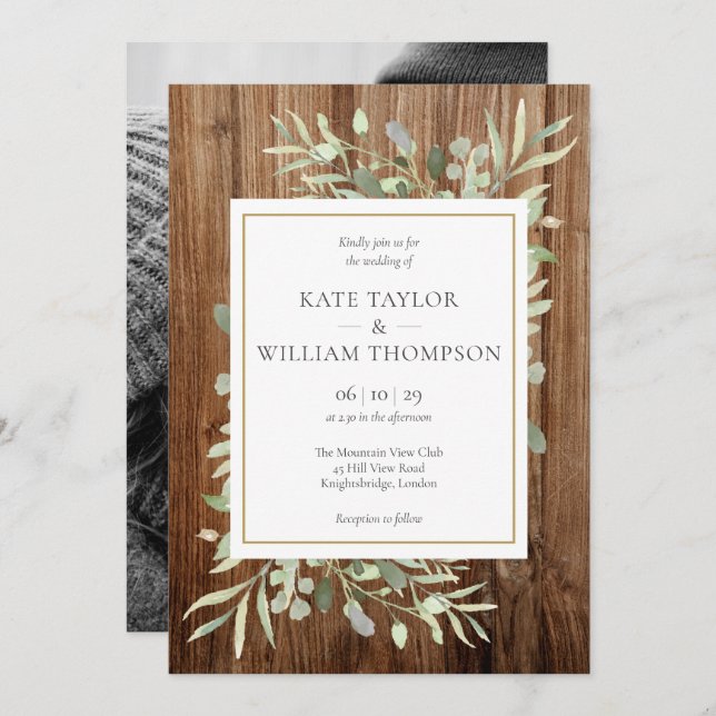 Rustic Wood Greenery Photo Wedding Invitation (Front/Back)