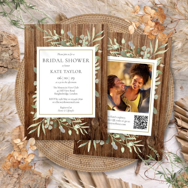 Rustic Wood Greenery QR Code Photo Bridal Shower Invitation (Rustic Wood Greenery QR Code Photo Bridal Shower Invitation)