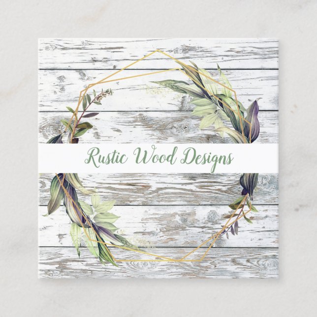 Rustic Wood Greenery Square Business Card (Front)