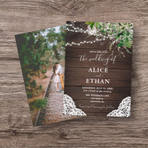 Rustic Wood Greenery Wedding Photo Invitation