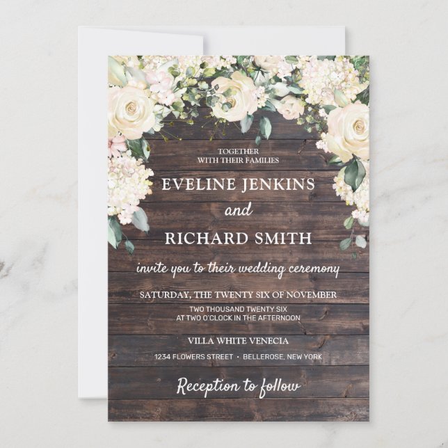 Rustic wood greenery white floral roses wedding invitation (Front)