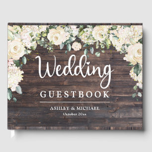 Rustic wood greenery white roses guest book