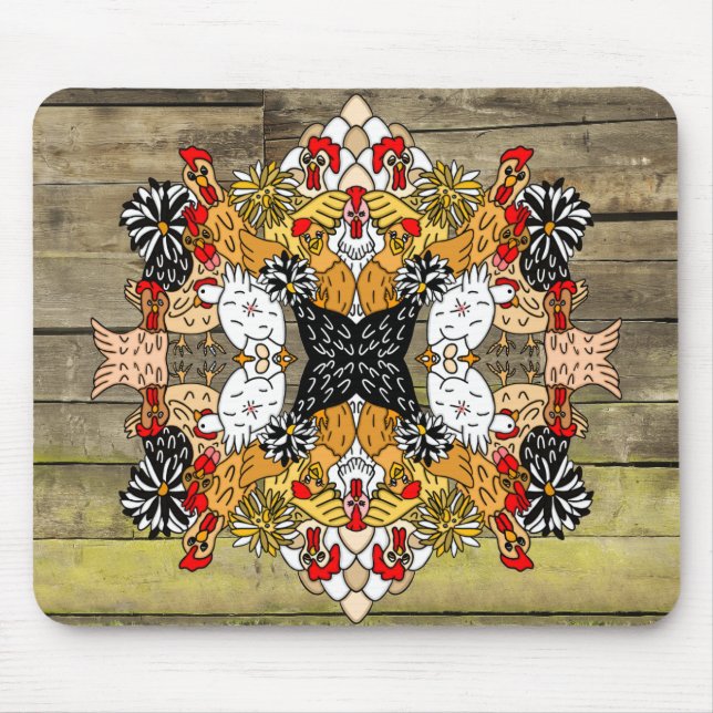 Rustic Wood Hand Drawn Funny Cartoon Chicken Art  Mouse Pad (Front)