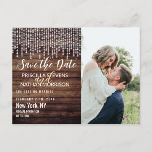 Rustic Wood Hanging Diamond Lights Save the Date Announcement Postcard