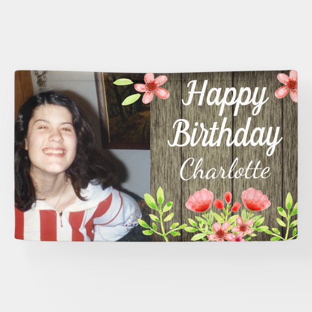 Rustic Wood Happy Birthday Photo Pink Flowers Banner (Horizontal)