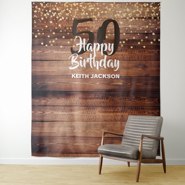 Rustic Wood Happy Birthday Year Photo Backdrop Tapestry (In Situ)