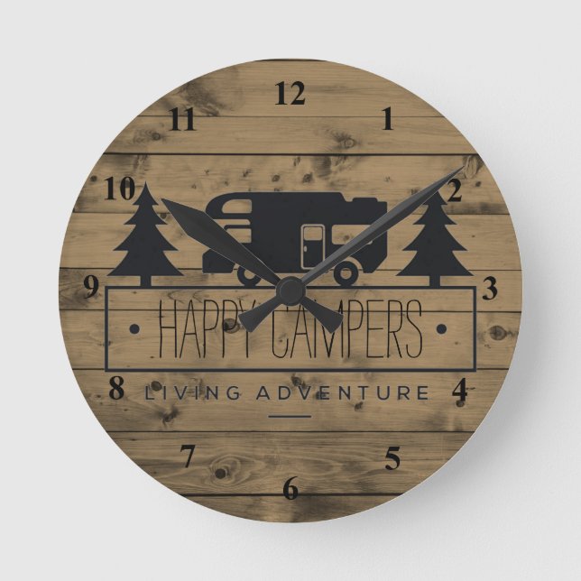 Rustic Wood Happy Campers | RV Retirement Retired Round Clock (Front)